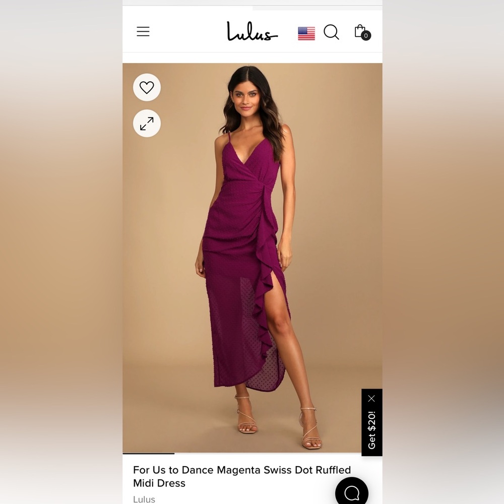 Lulus M magenta dot ruffle midi dress, worn once/like new